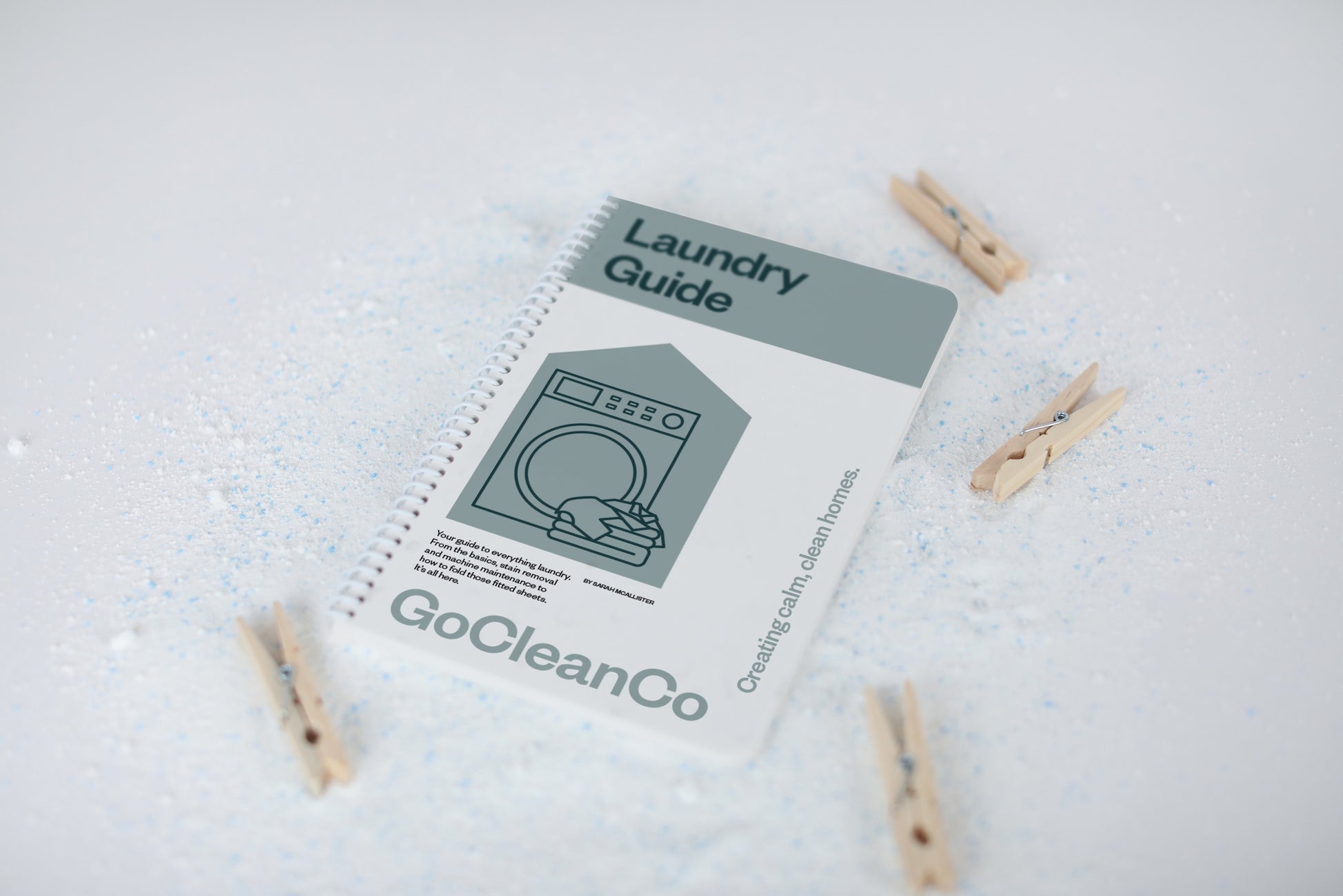 GoCleanCo laundry guide on a textured surface with clothespins.