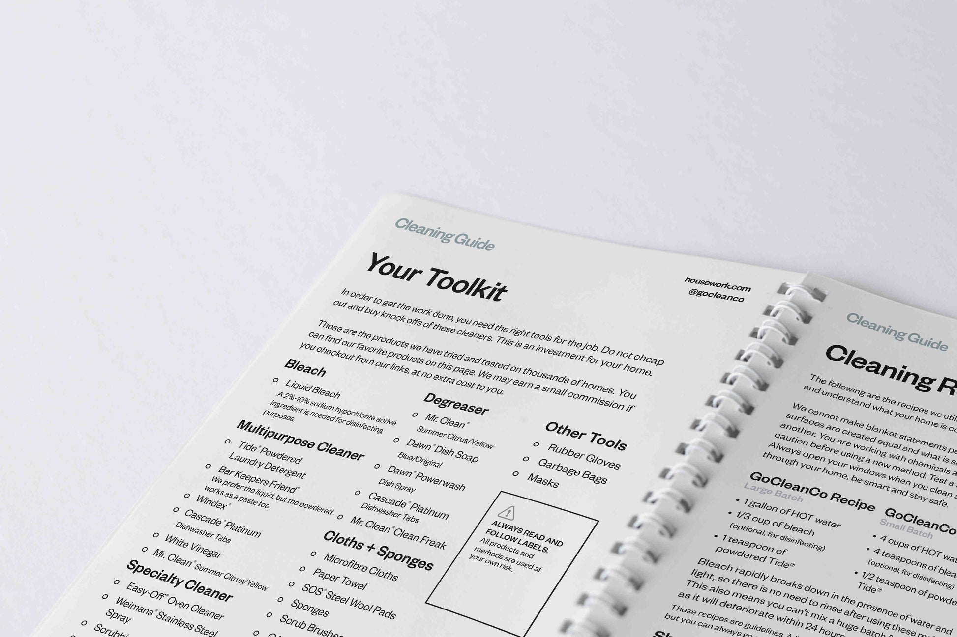 Cleaning guide book open to a page titled 'Your Toolkit' on a white background