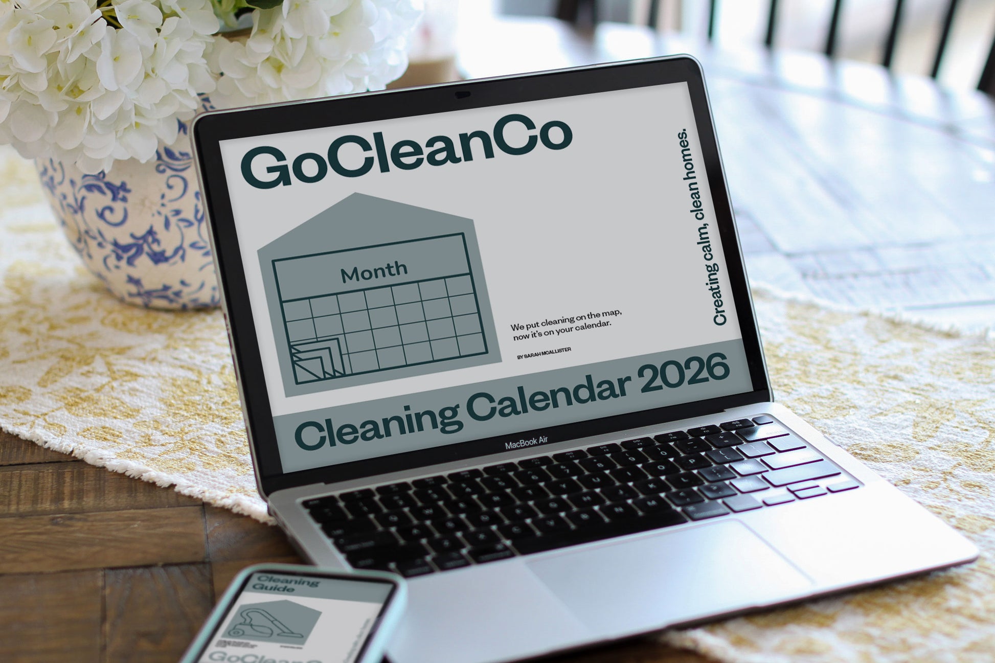 GoCleanCo Cleaning Calendar 2026 and Cleaning guide are displayed on a phone and laptop