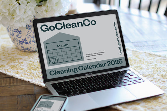 GoCleanCo Cleaning Calendar 2026 and Cleaning guide are displayed on a phone and laptop