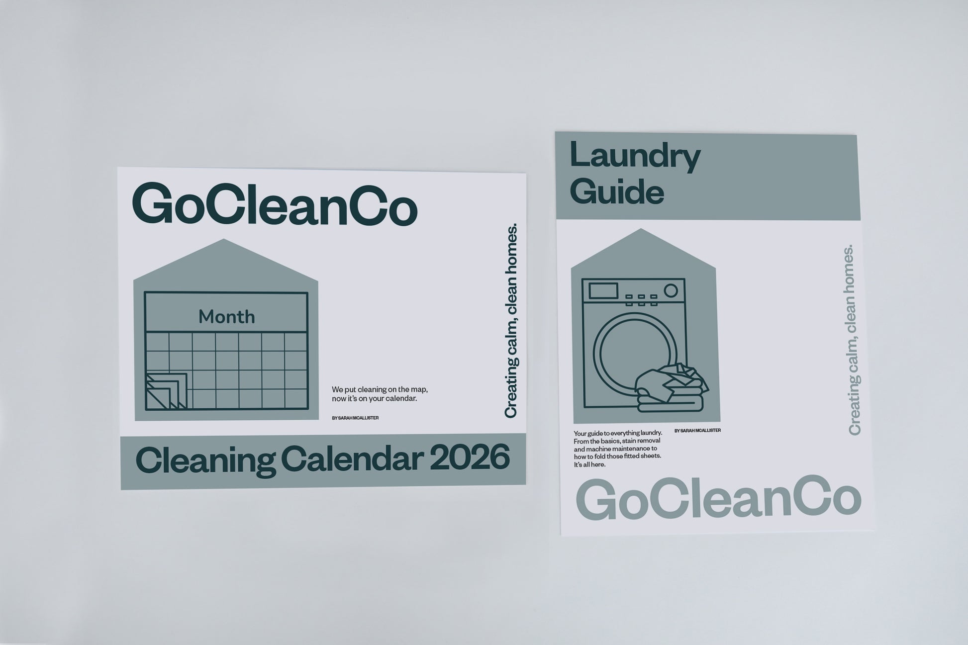 GoCleanCo cleaning calendar and laundry guide on a light gray background