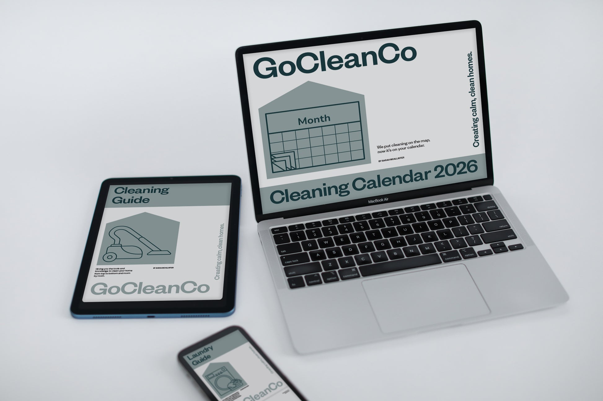 GoCleanCo cleaning calendar, cleaning guide and laundry guide displayed on several devices.