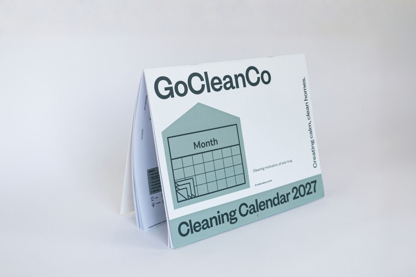 A GoCleanCo Cleaning Calendar 2027 displayed in a freestanding A-frame format on a clean white background.