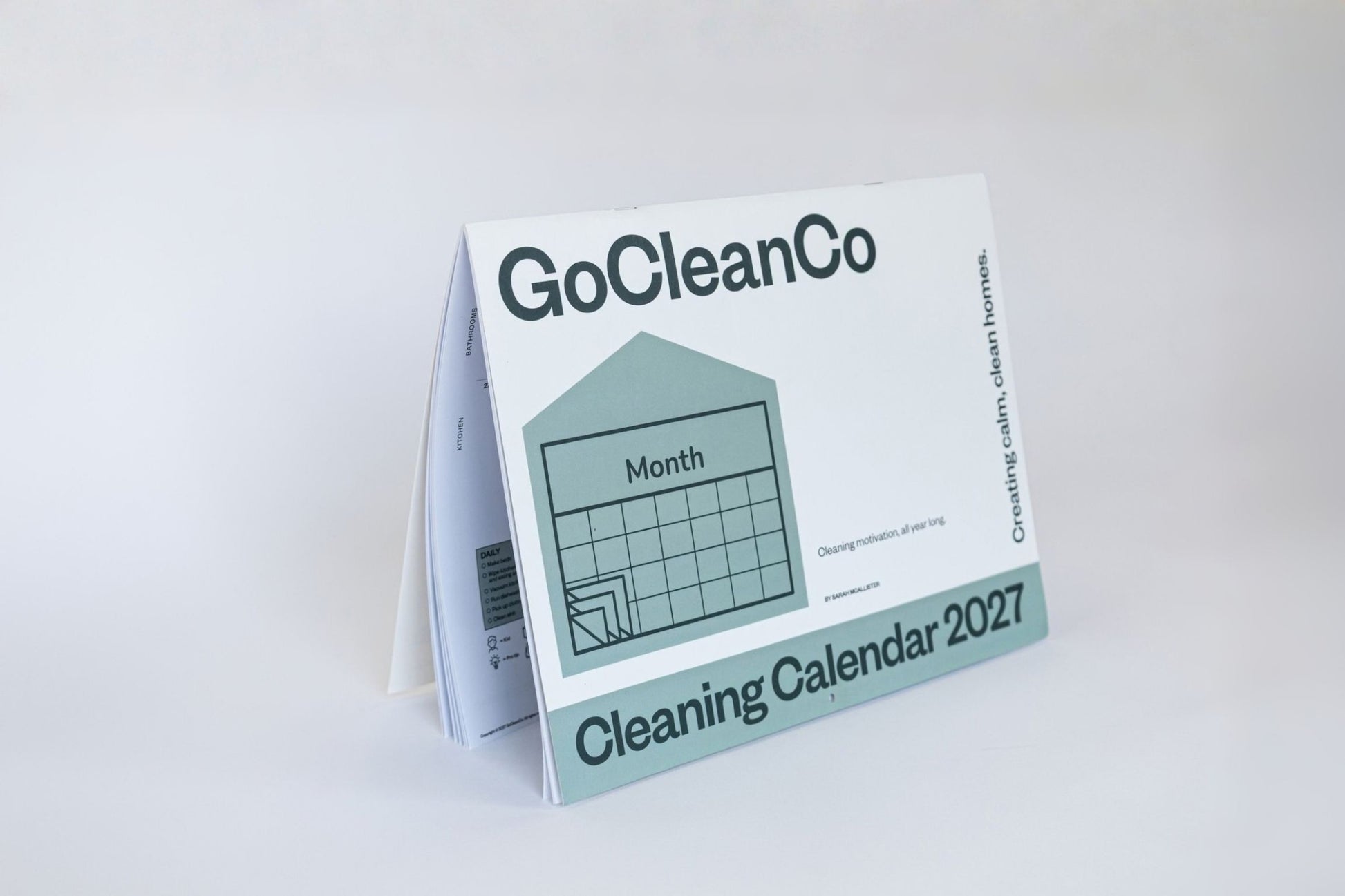 A GoCleanCo Cleaning Calendar 2027 displayed in a freestanding A-frame format on a clean white background.