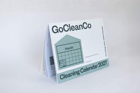 A GoCleanCo Cleaning Calendar 2027 displayed in a freestanding A-frame format on a clean white background.
