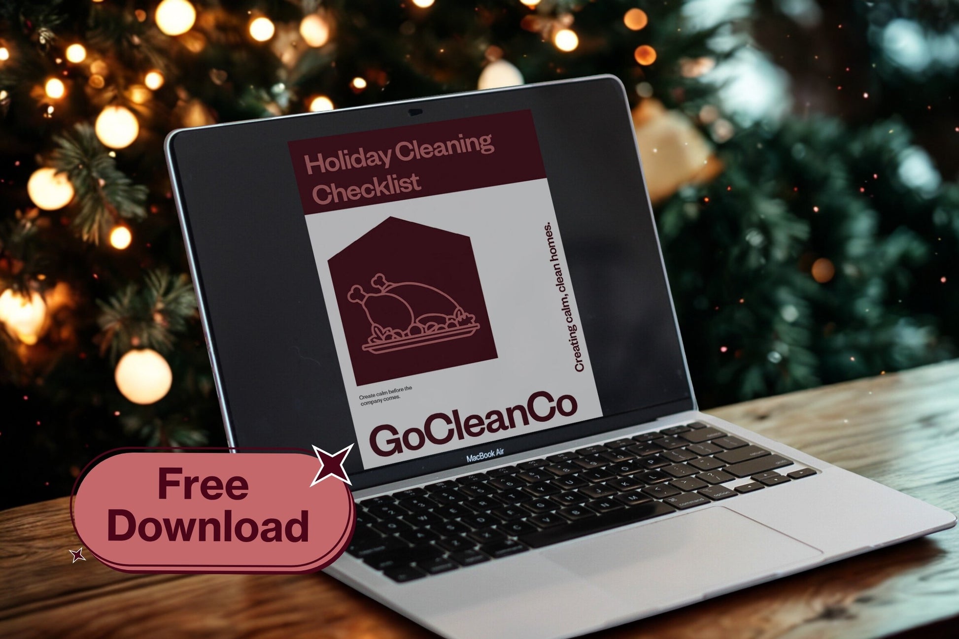 Laptop displaying a 'Holiday Cleaning Checklist' from GoCleanCo with a Christmas tree in the background.